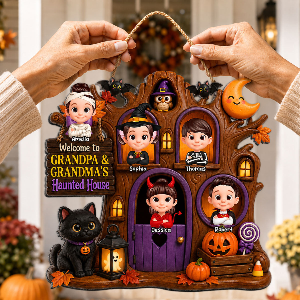 Cute Kids Welcome To Grandma Grandpa Haunted House - Personalized Wood Sign - Halloween Decoration For Grandparents