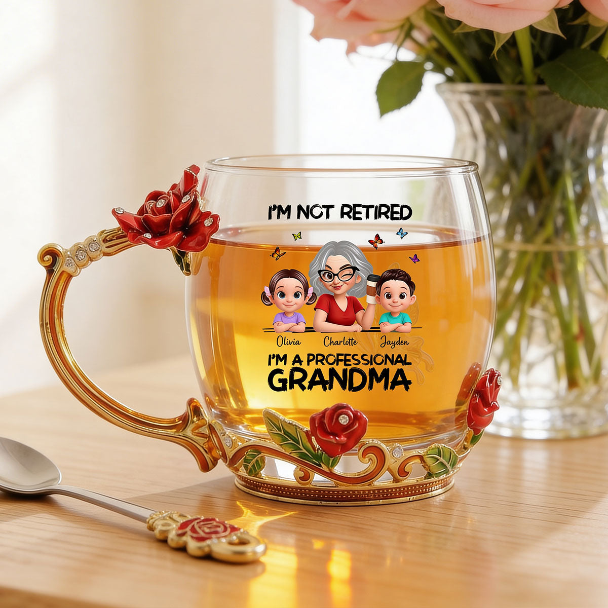 Not Retired Professional Grandma - Personalized Enamel Flower Tea Cup - Gift For Retired Grandma, Mom