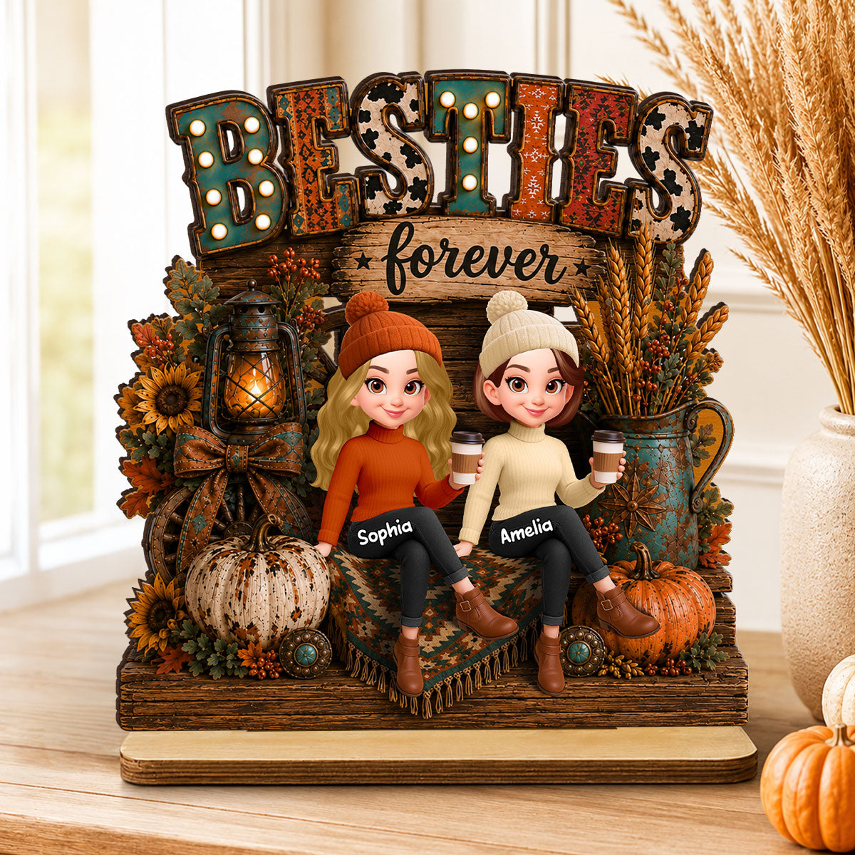Western Fall Vibe Besties Forever - Personalized 2-Layered Wooden Plaque - Cozy Fall Decor for Best Friends