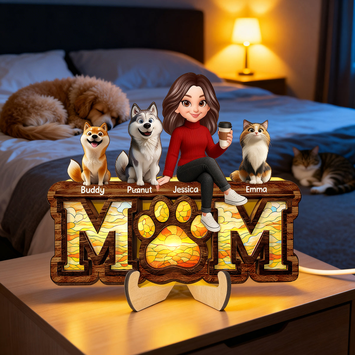 Mom And Dog Cat Paw Sign - Personalized Wooden Frame With LED - Heartfelt Gift For Dog Mom, Cat Mom