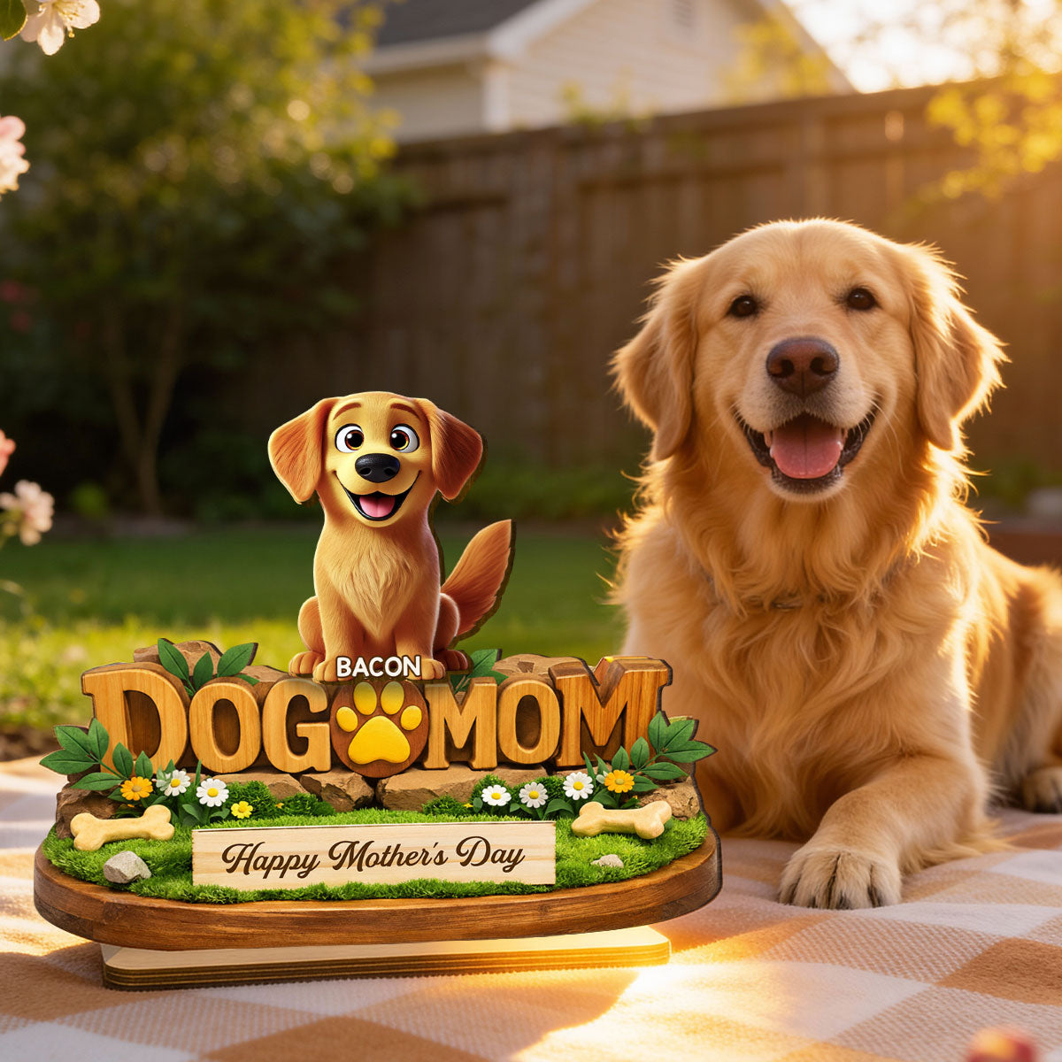 Happy Mother's Day Dog Mom - Personalized 2-Layered Wooden Plaque - Gift for Dog Lovers
