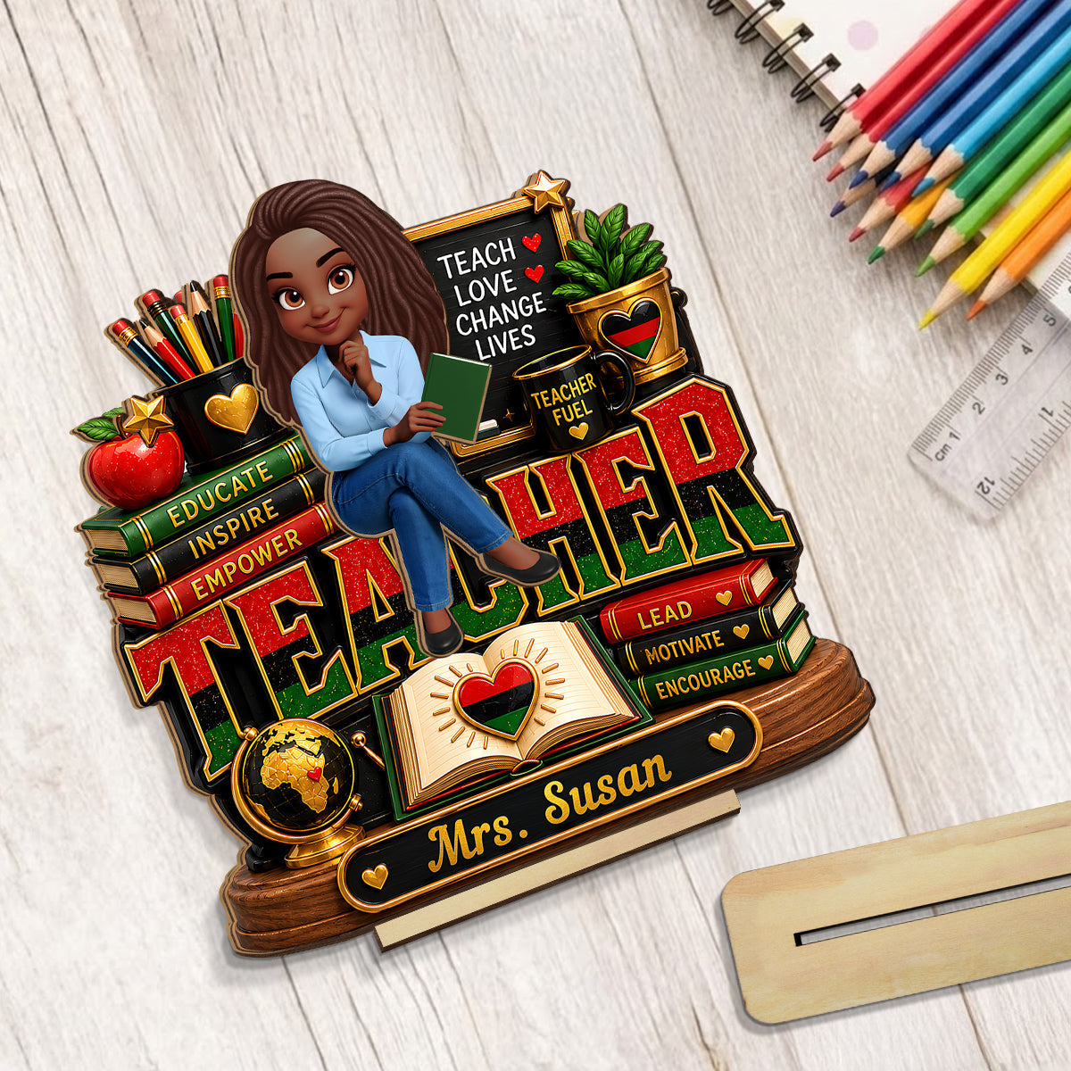 Teach Love Changes Life - Personalized 2-Layered Wooden Plaque - African American Teacher Appreciation Gift