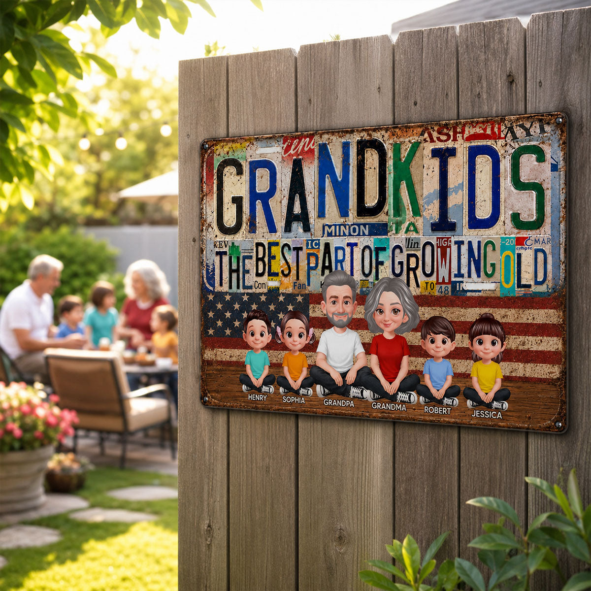 Grandkids Best Part Of Growing Old License Plate Style - Personalized Metal Sign - Gift For Grandparents, Patriotic Rustic Vintage