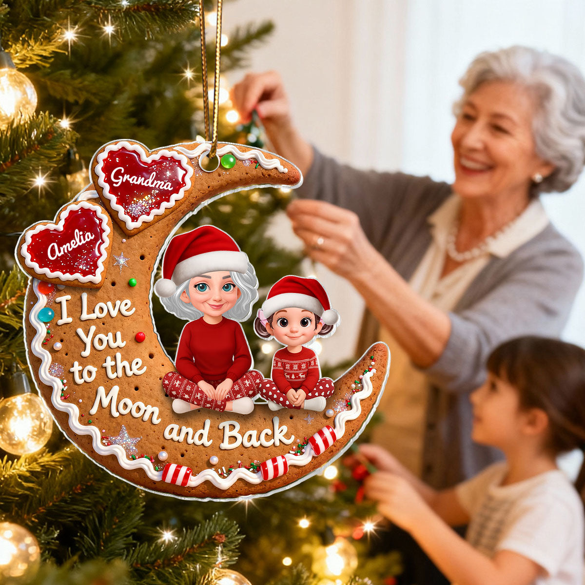 3D Effect Gingerbread Moon Grandma Grandkid Love You To The Moon And Back - Personalized Acrylic Ornament - Christmas Gift For All Grandkids