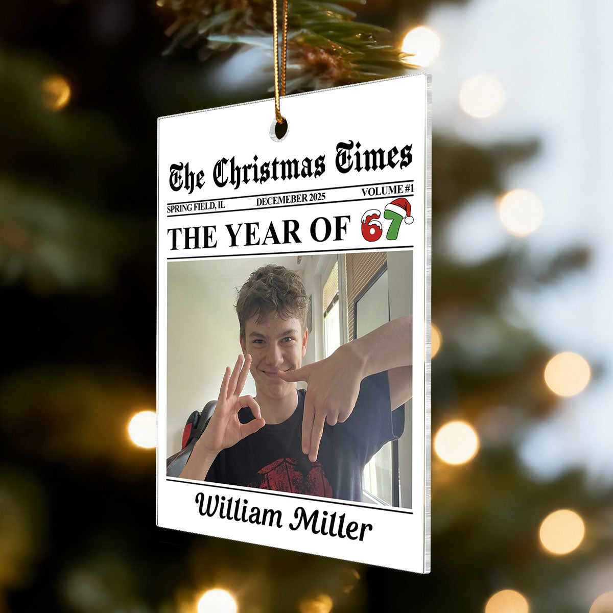 Custom Photo Newspaper Style 2025 Trending Slang Christmas 67 Six Seven - Personalized Acrylic Ornament - Funny Christmas Gift For Teen, Grandkid, Gen Alpha