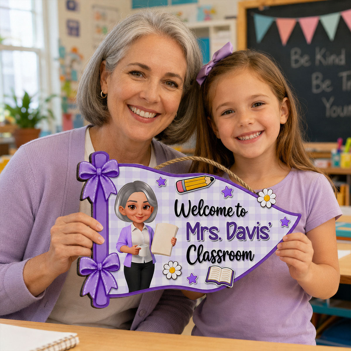 Welcome To Teacher Classroom Pennant Flag Shaped - Personalized Wood Sign