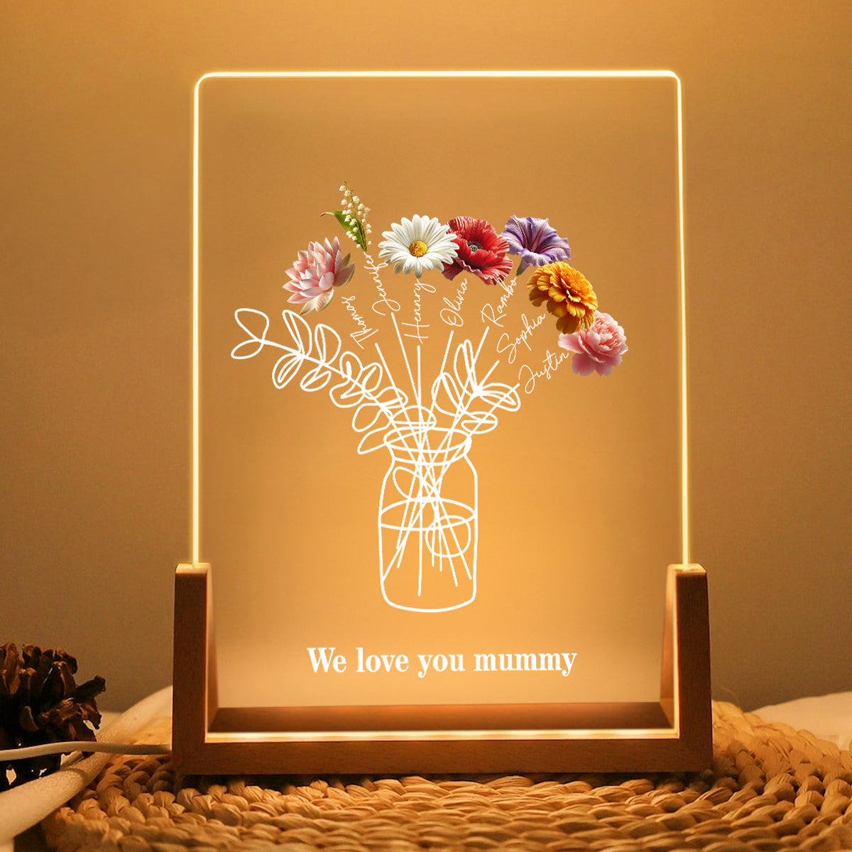 Family Birth Month Flowers Bouquet - Personalized Acrylic Block LED Night Light - Heartfelt Gift For Mom, Grandma