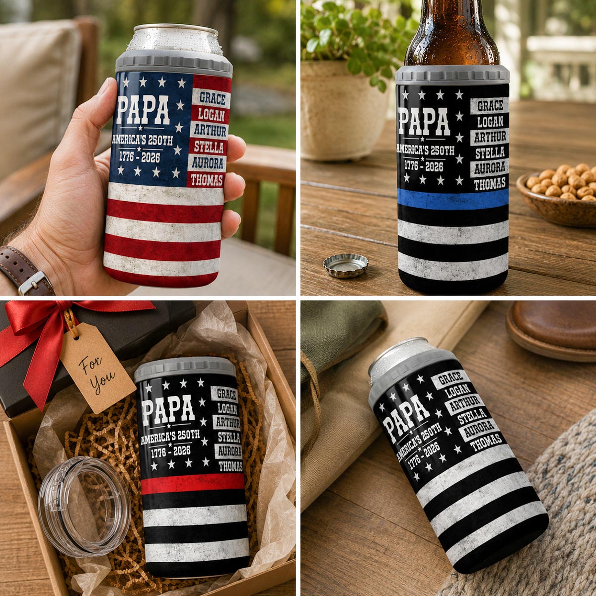 Proud American Dad Grandpa Custom Kids Name - Personalized 4-in-1 Can Cooler
