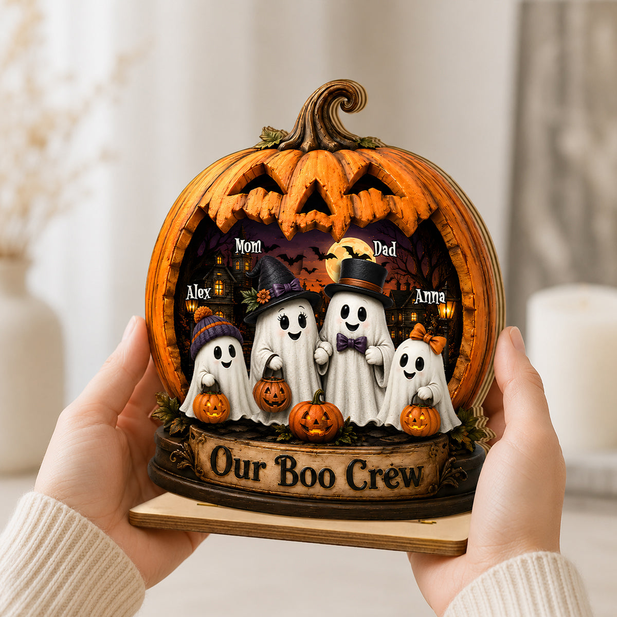 Ghost Family Our Boo Crew Pumpkin - Personalized 2-Layered Wooden Plaque - Halloween Decor Gift, Gift For Family