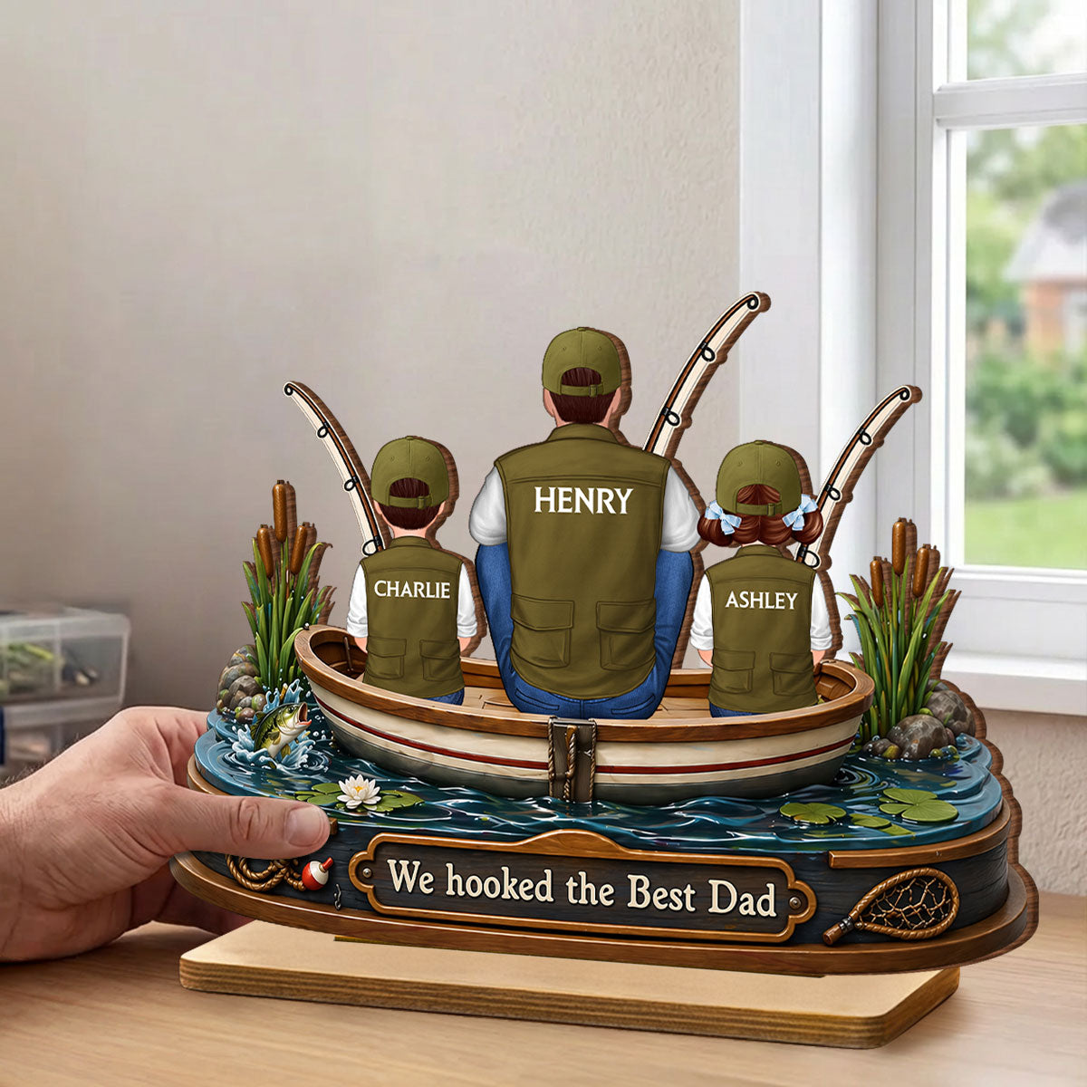 Dad And Kids Fishing Boat - Personalized 2-Layered Wooden Plaque - Heartfelt Gift For Fishing Dad, Gift For Husband