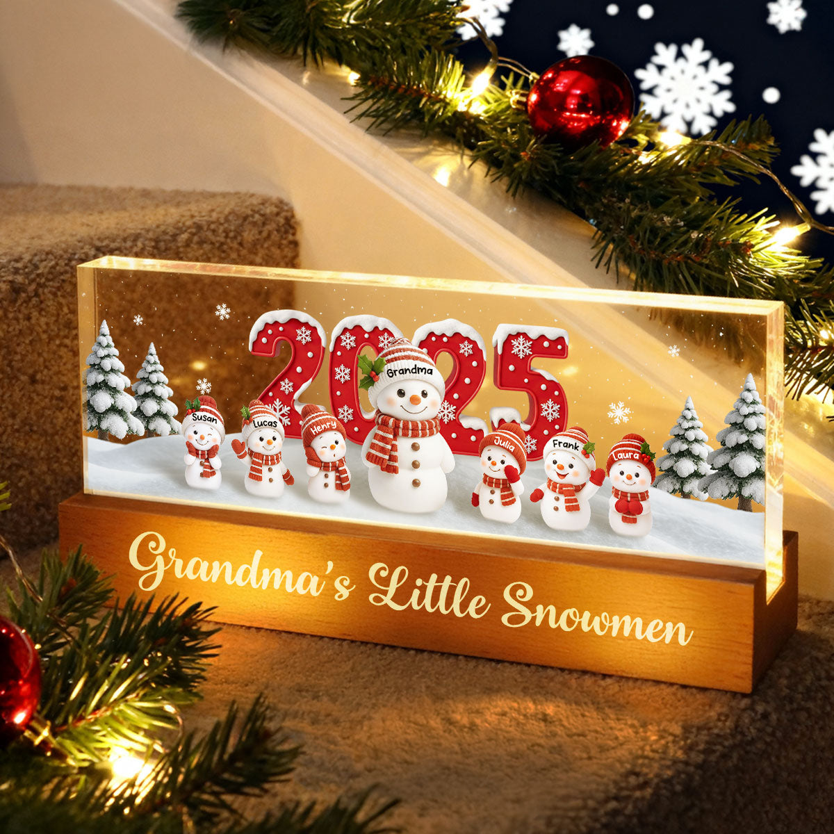 Grandma's Little Snowmen - Personalized Acrylic Block LED Night Light - Christmas Gift for Grandma