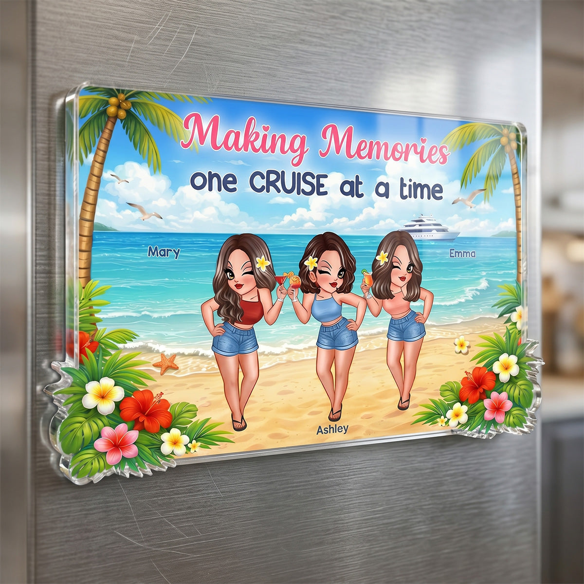 Pretty Cruise Besties On The Beach - Personalized Cruise Cabin Door Magnet - Girls Trip Cruise Trip Keepsake