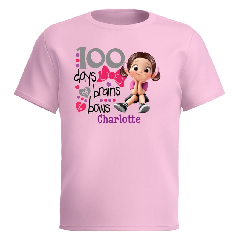 100 Days Brains & Bows Cute Little Girl - Personalized Kid T-Shirt - 100 Days Of School For Daughter, Granddaughter