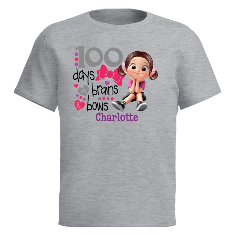 100 Days Brains & Bows Cute Little Girl - Personalized Kid T-Shirt - 100 Days Of School For Daughter, Granddaughter