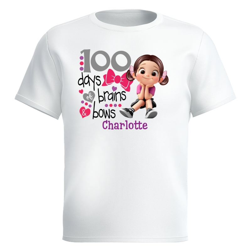 100 Days Brains & Bows Cute Little Girl - Personalized Kid T-Shirt - 100 Days Of School For Daughter, Granddaughter