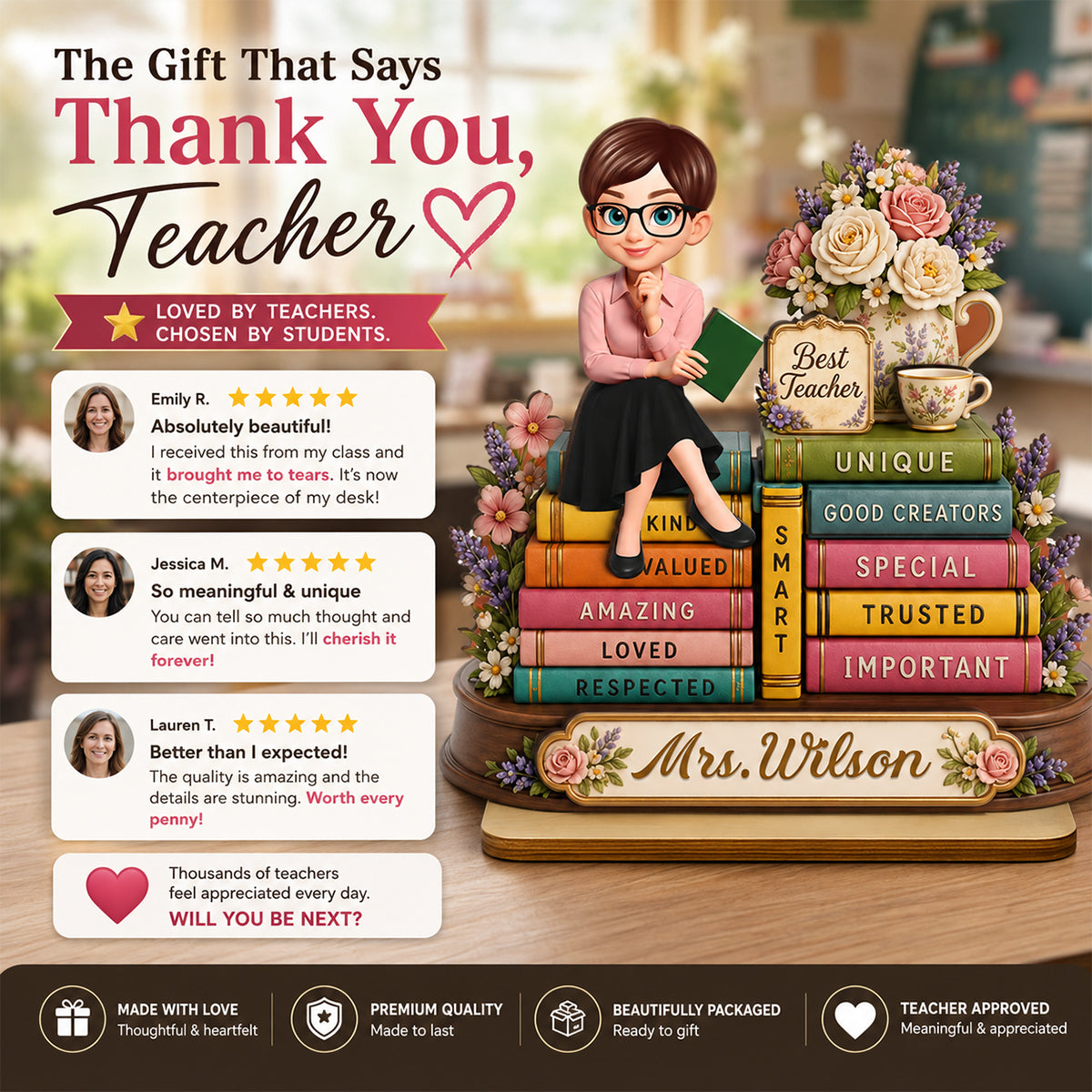 Floral Books Teacher - Personalized 2-Layered Wooden Plaque - Back To School Gift For Teachers Appreciation, Teacher Desk Name