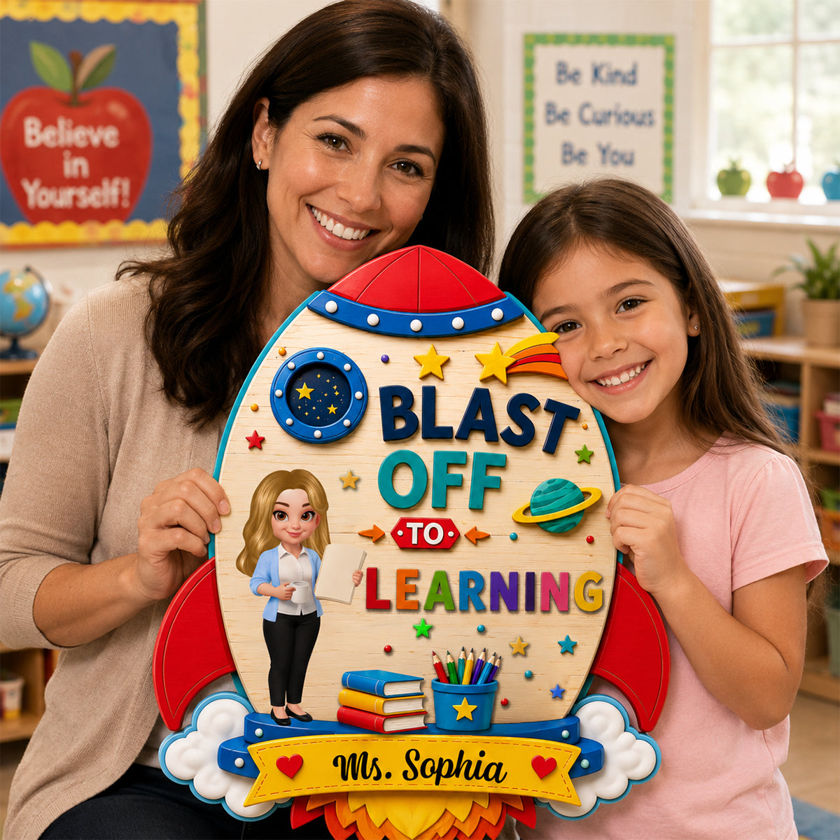 Blast Off To Learning Teacher - Personalized Wood Sign - Back To School Gift For Teacher, Classroom Decor