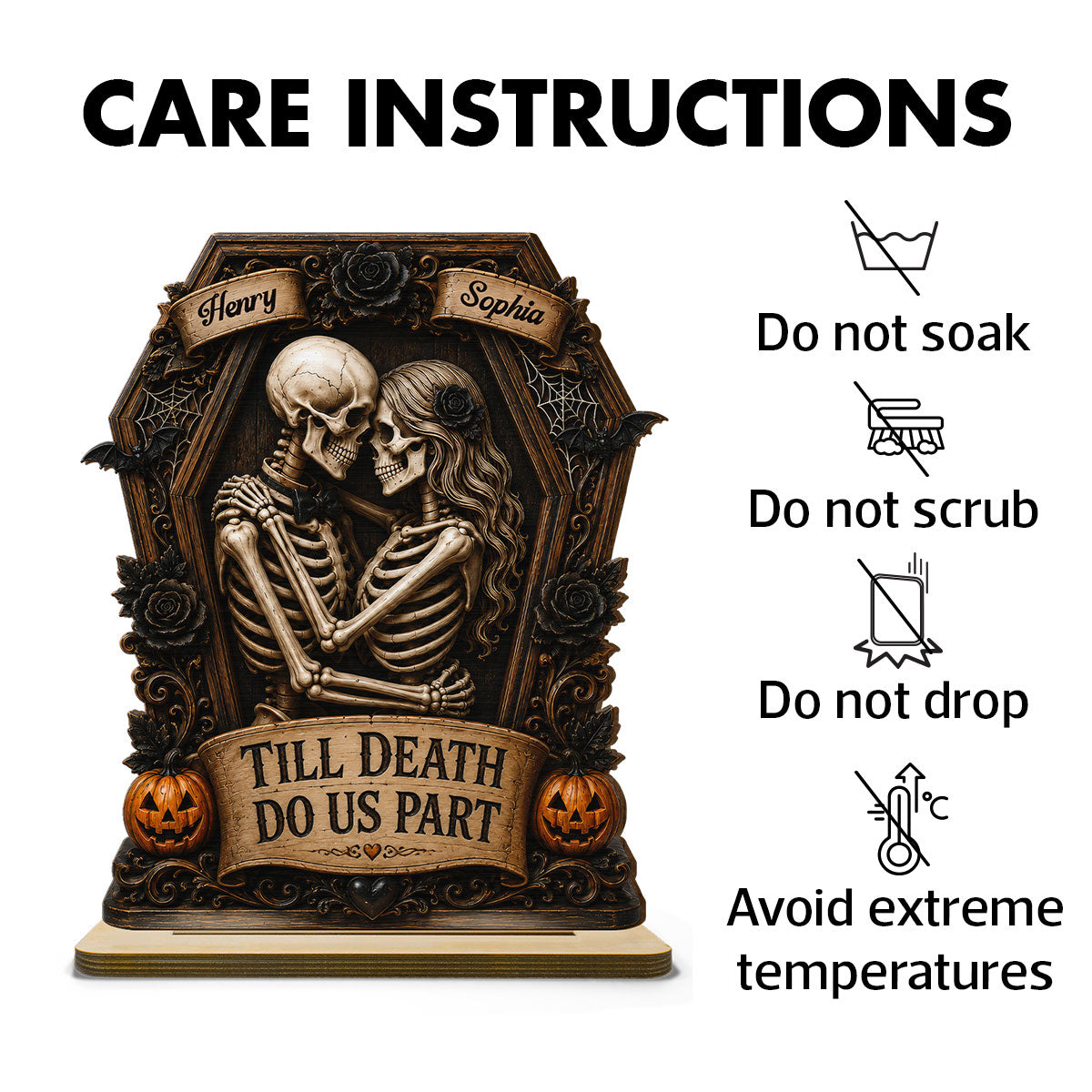 Till Death Do Us Part Skeleton Couple In Coffin 2D Flat - Personalized 2-Layered Wooden Plaque - Halloween Decor For Couple