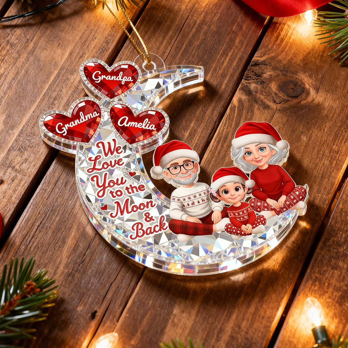 3D Effect Flat Moon Grandpa Grandma Grandkid Love You To The Moon And Back - Personalized Acrylic Ornament - Christmas Gift For All Grandkids