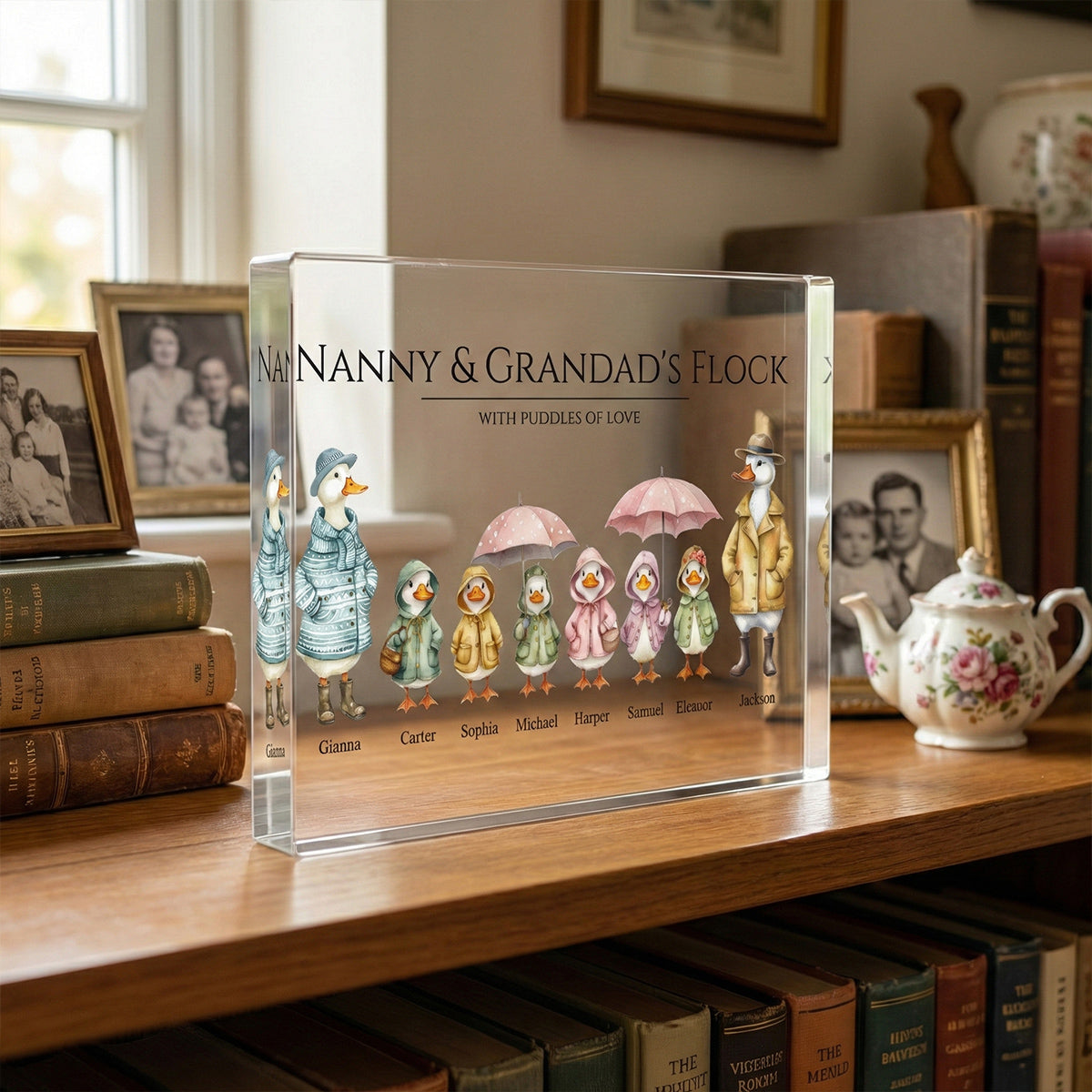 Grandparents Grandma Grandad's Flock Cute Watercolor Ducks - Personalised Acrylic Block Plaque