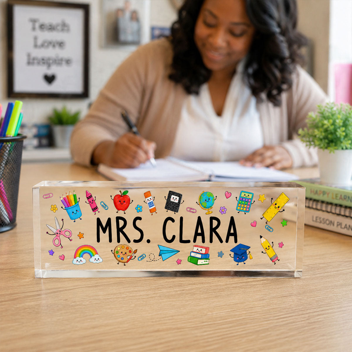 Teacher Name Cute School Supplies - Personalized Acrylic Desk Name Plate, Back To School Gift For Teacher, Office Decor