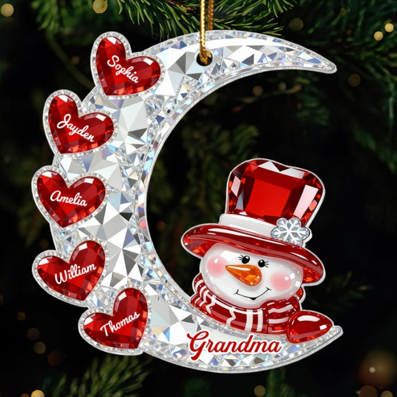 3D Effect Flat Snowman Grandma On Moon Grandkids Hearts Names - Personalized Acrylic Ornament - Gift For Grandma, Grandkids