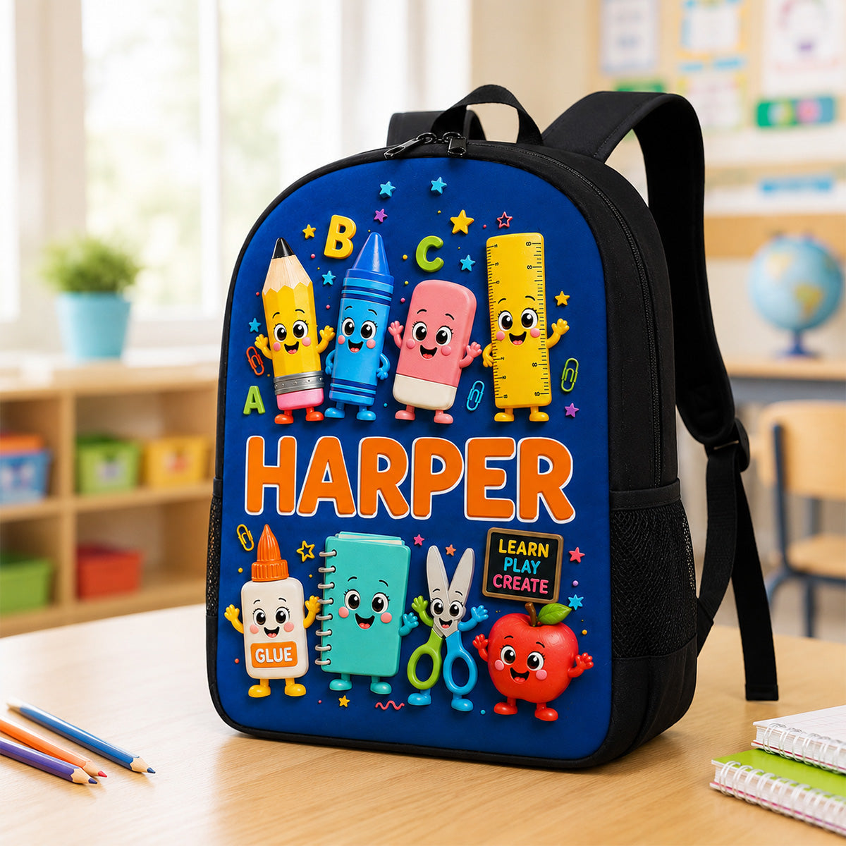 Playful School Things With Kid Name 2D Flat - Personalized Backpack - Back To School Gift