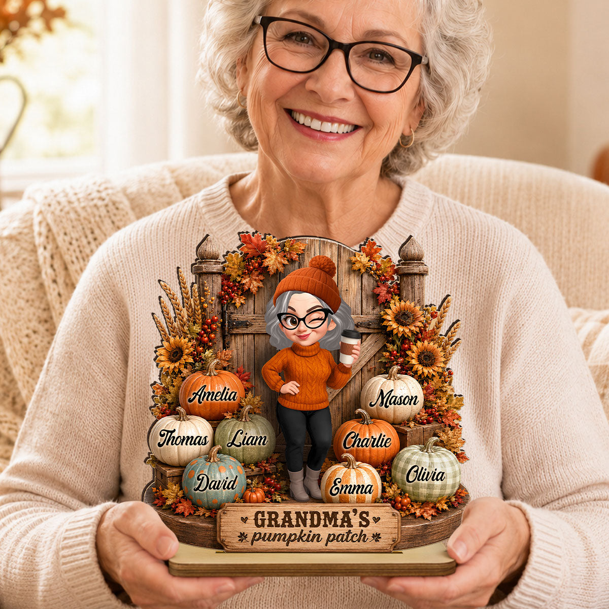 Grandma's Pumpkin Patch Rustic Farmhouse - Personalized 2-Layered Wooden Plaque - Fall Decor for Grandma