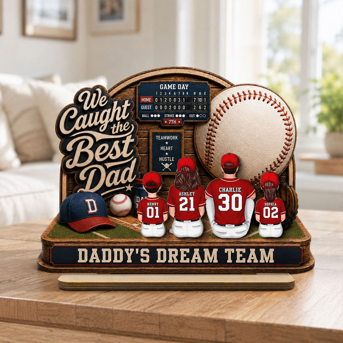 Baseball Things Dad & Kids Back View Sitting 2D Flat - Personalized 2-Layered Wooden Plaque - Happy  For Baseball Dad