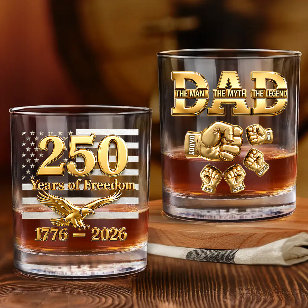 USA 250th Anniversary Daddy's Team Fist Bump - Personalized Whiskey Glass - Father's Day Gift for Dad, Husband