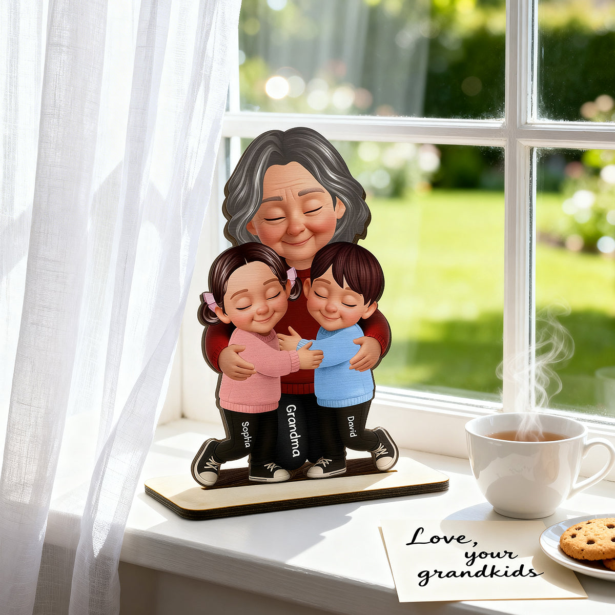 Grandma Hugging Grandkids - Personalized 2-Layered Wooden Plaque - Heartfelt Gift for Grandma