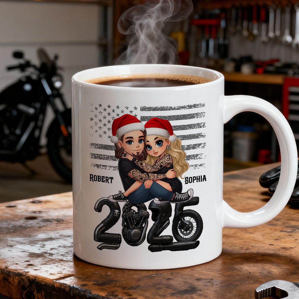3D Effect Biker Couple Christmas - Personalized Mug - Gift For Bikers, Gift For Him, For Her