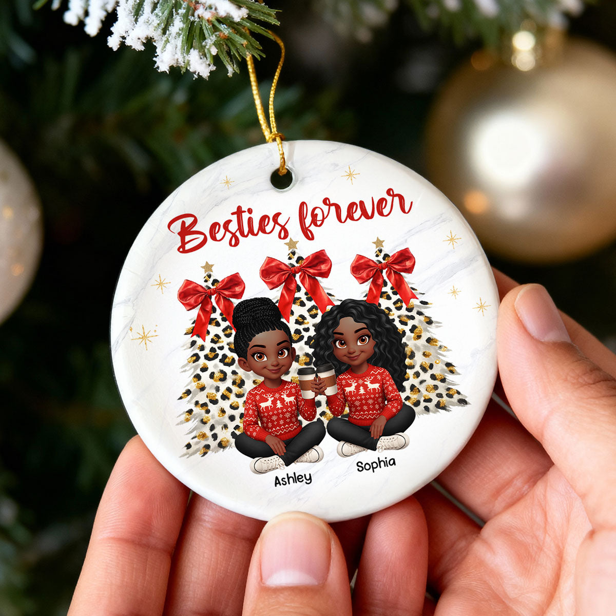 Besties Forever Leopard Coquette Christmas Tree - Personalized Ceramic Ornament