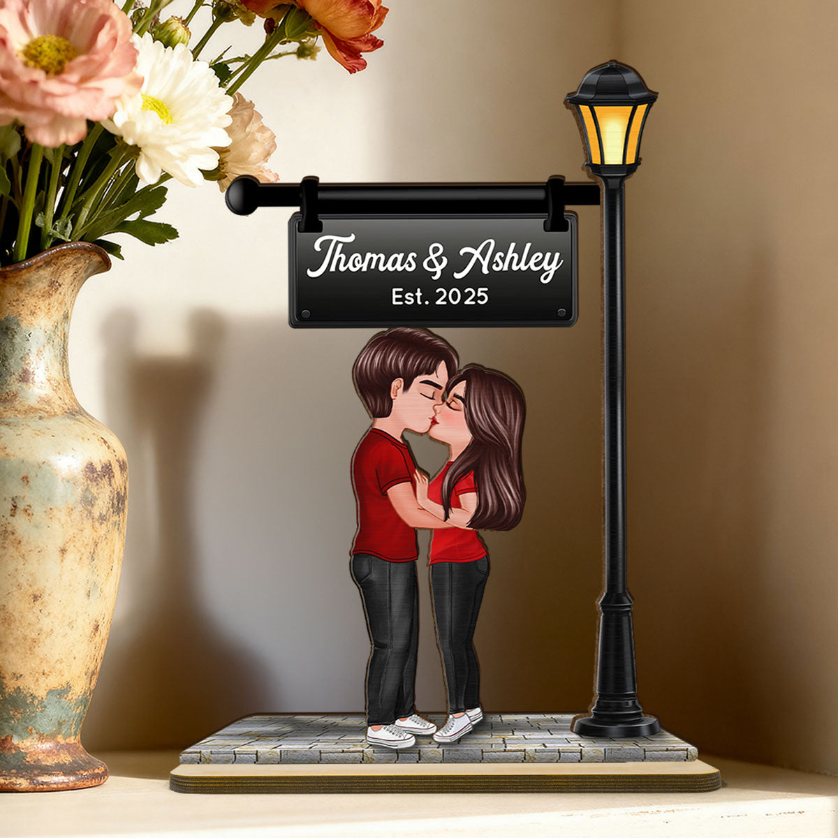 Eternal Love Couple Kissing Under Street Lamp Post - Personalized 2-Layer Wooden Plaque - Gift For Couple, Gift For Him, For Her