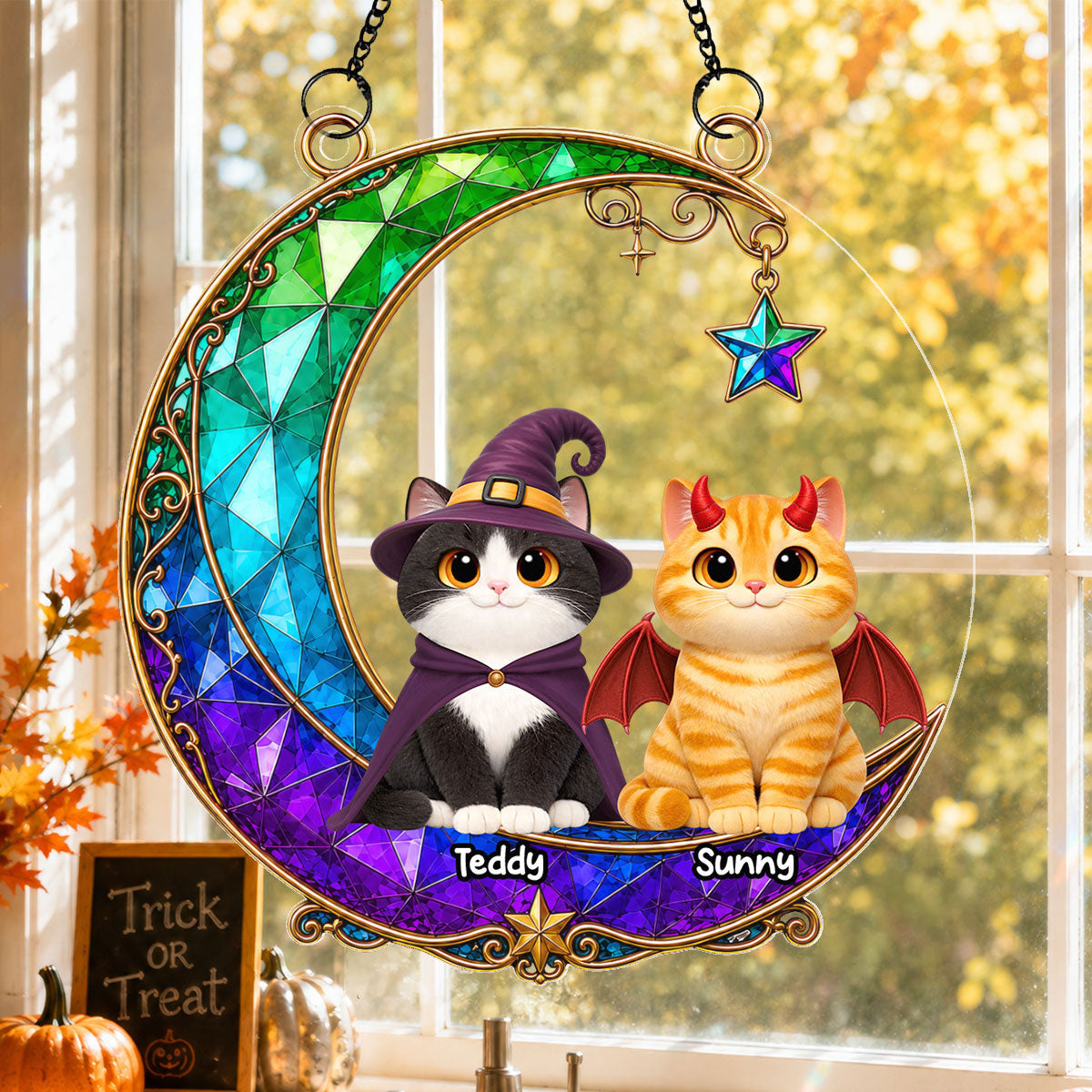 Magical Cat Moonlight - Personalized Acrylic Window Hanging - Halloween Decoration For Cat Mom