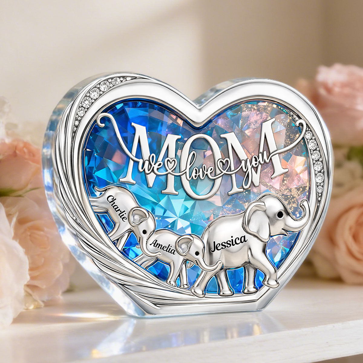 Mom We Love You Elephant Following - Personalized Acrylic Block Plaque - Heartfelt Mother's Day Gift for Mom