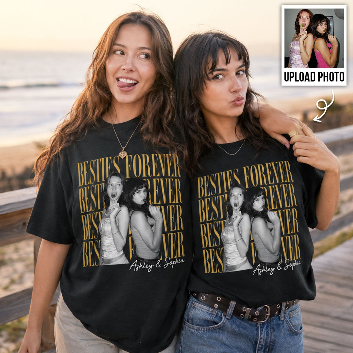 Retro Vintage Besties Upload Photo - Personalized Shirt - Birthday Gift For Best Friends, Matching Friends Group T-shirt