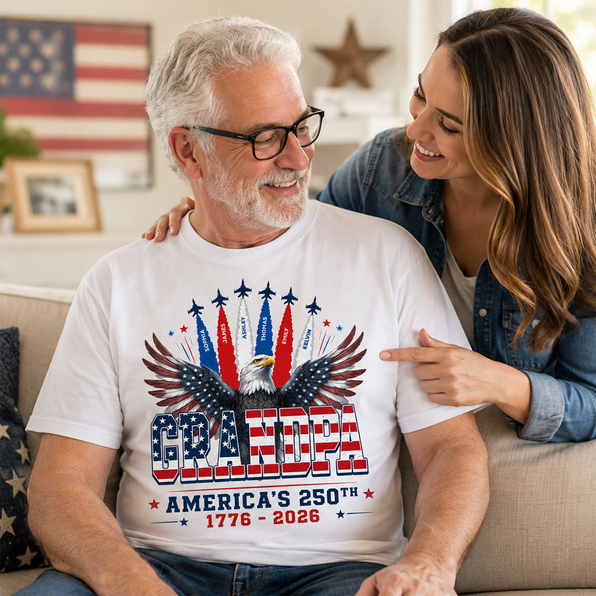 Proud Grandpa Dad Bald Eagle Jets Smoke Custom Kid Name - Personalized Shirt - American 250th Anniversary Keepsake For Husband, Dad, Grandpa