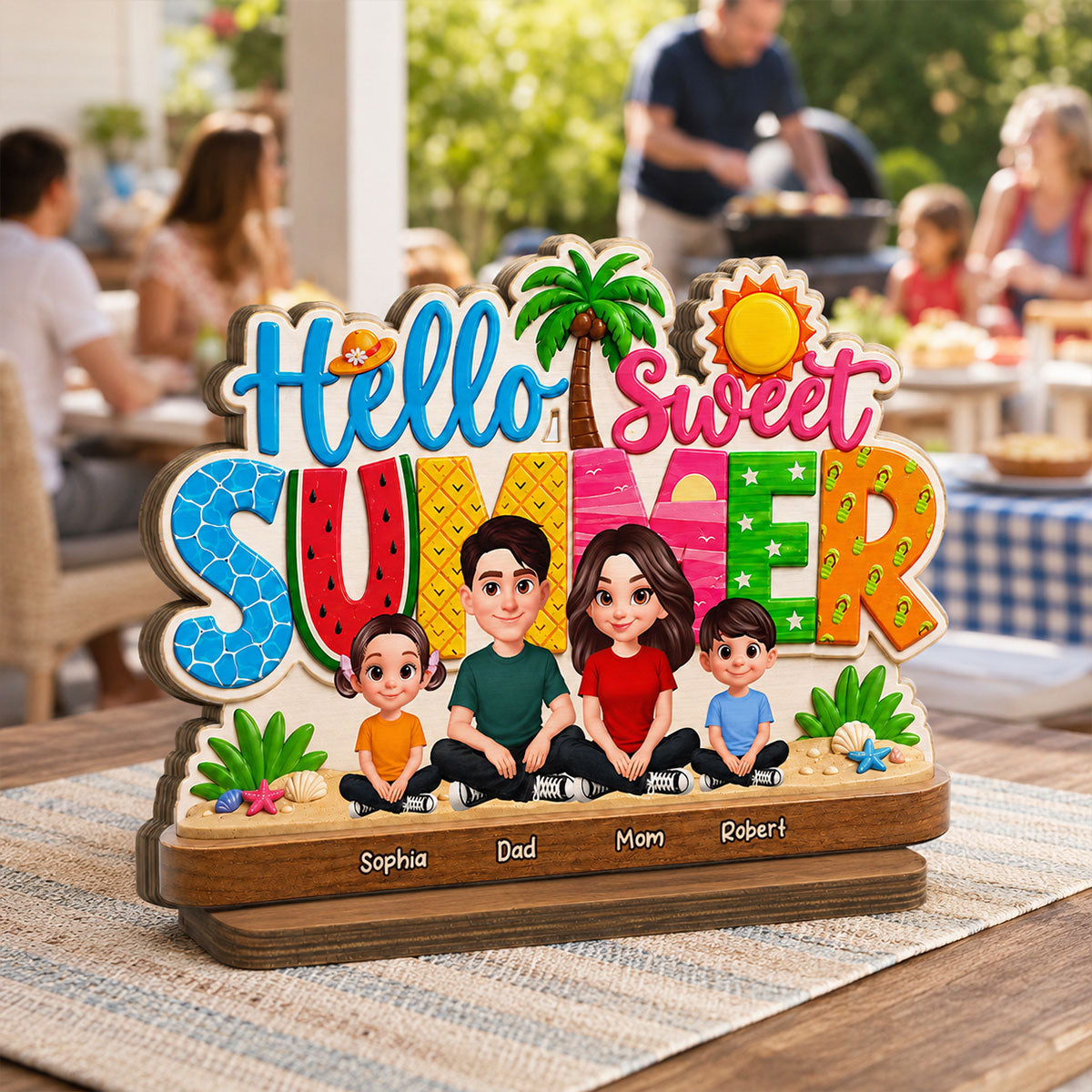 Hello Summer Vibe Family Grandpa Grandma Dad Mom Kids - Personalized 2-Layered Wooden Plaque - Gift For Family, Grandparents, Summer Decoration