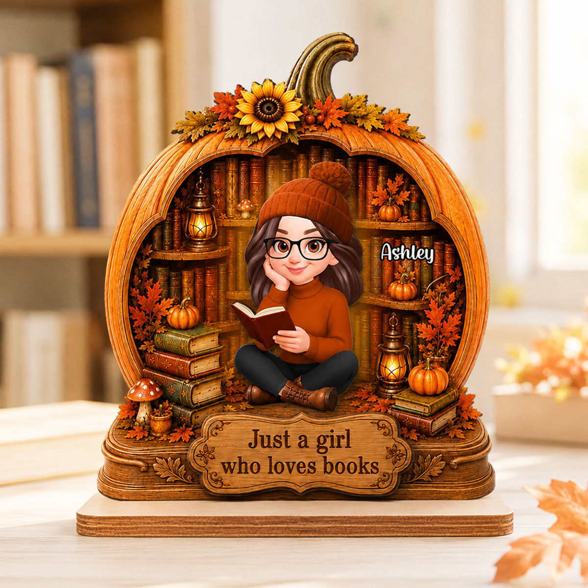 Fall Season Pumpkin Just A Woman Who Loves Books - Personalized 2-Layered Wooden Plaque - Fall Gift For Book Lovers