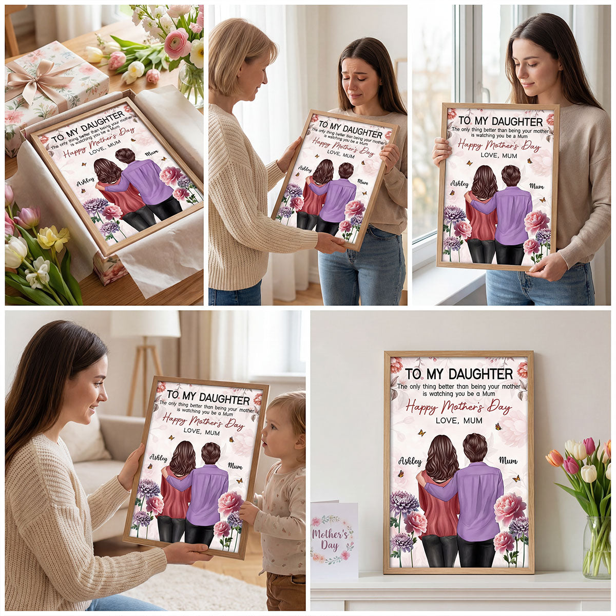 To My Daughter From Mum Birth Month Flower Happy Mother's Day Floral Pink Tone - Personalised Poster