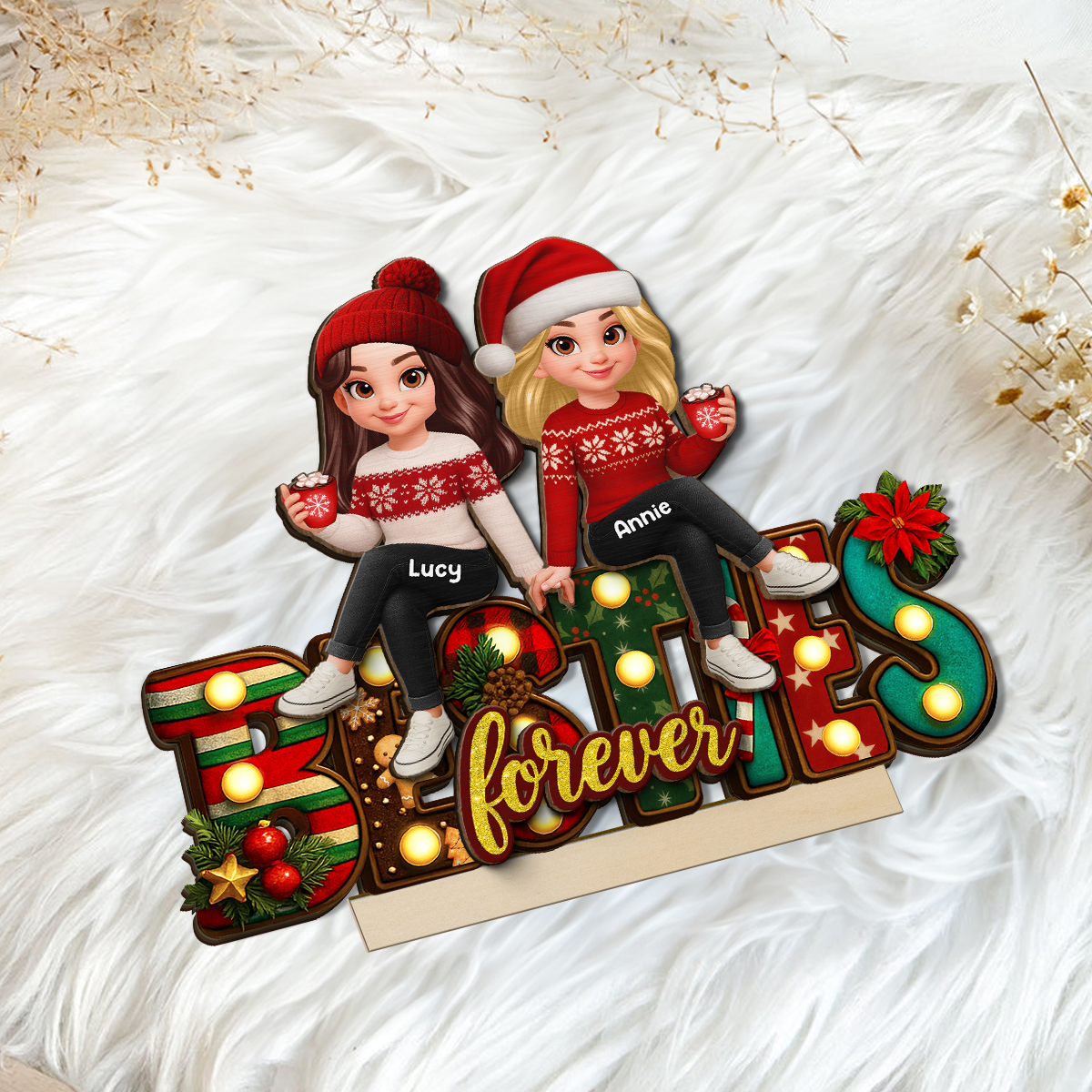 Festive Christmas Besties Together Christmas - Personalized 2-Layered Wooden Plaque
