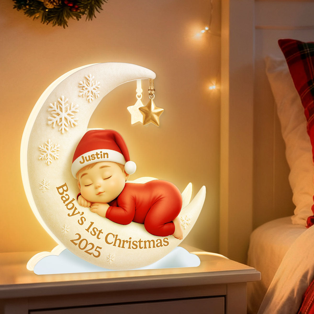 Baby Sleeping on Moon Nursery Lamp - Personalized Light Box - Baby's First Christmas Keepsake, Gift for Grandkids, Baby, Newborn