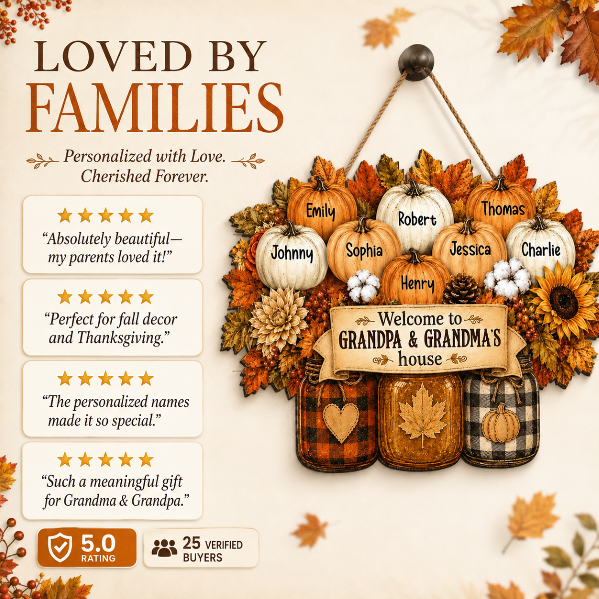 Cozy Warm Fall Season Mason Jars Pumpkins Welcome To Grandma Grandpa House - Personalized Wood Sign - Fall Decor For Grandparents (Up to 20 Grandkids)