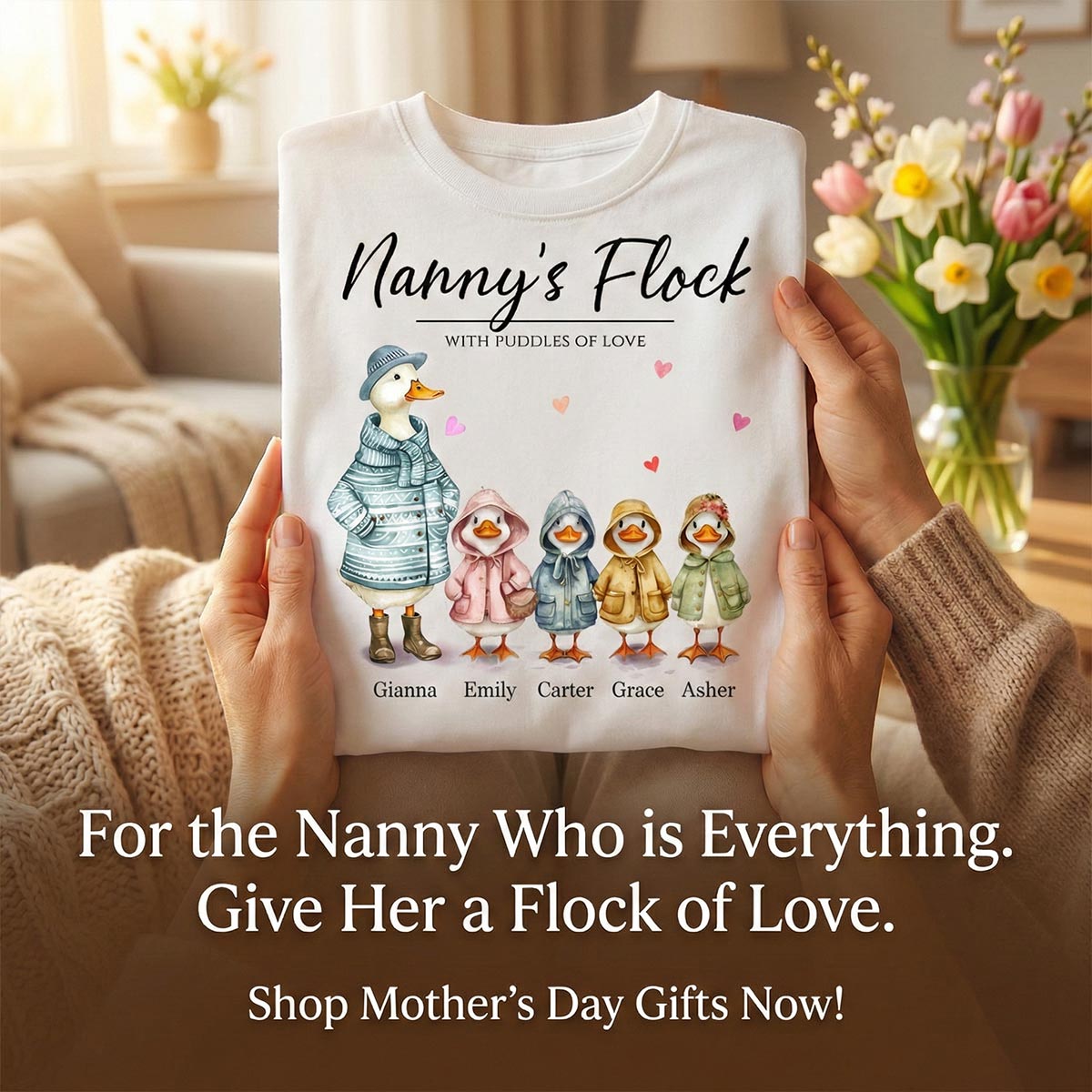 Nanny's Flock Gift For Grandma Nana Grammy Cute Watercolor Ducks Personalised Shirt, Mother's Day Gift