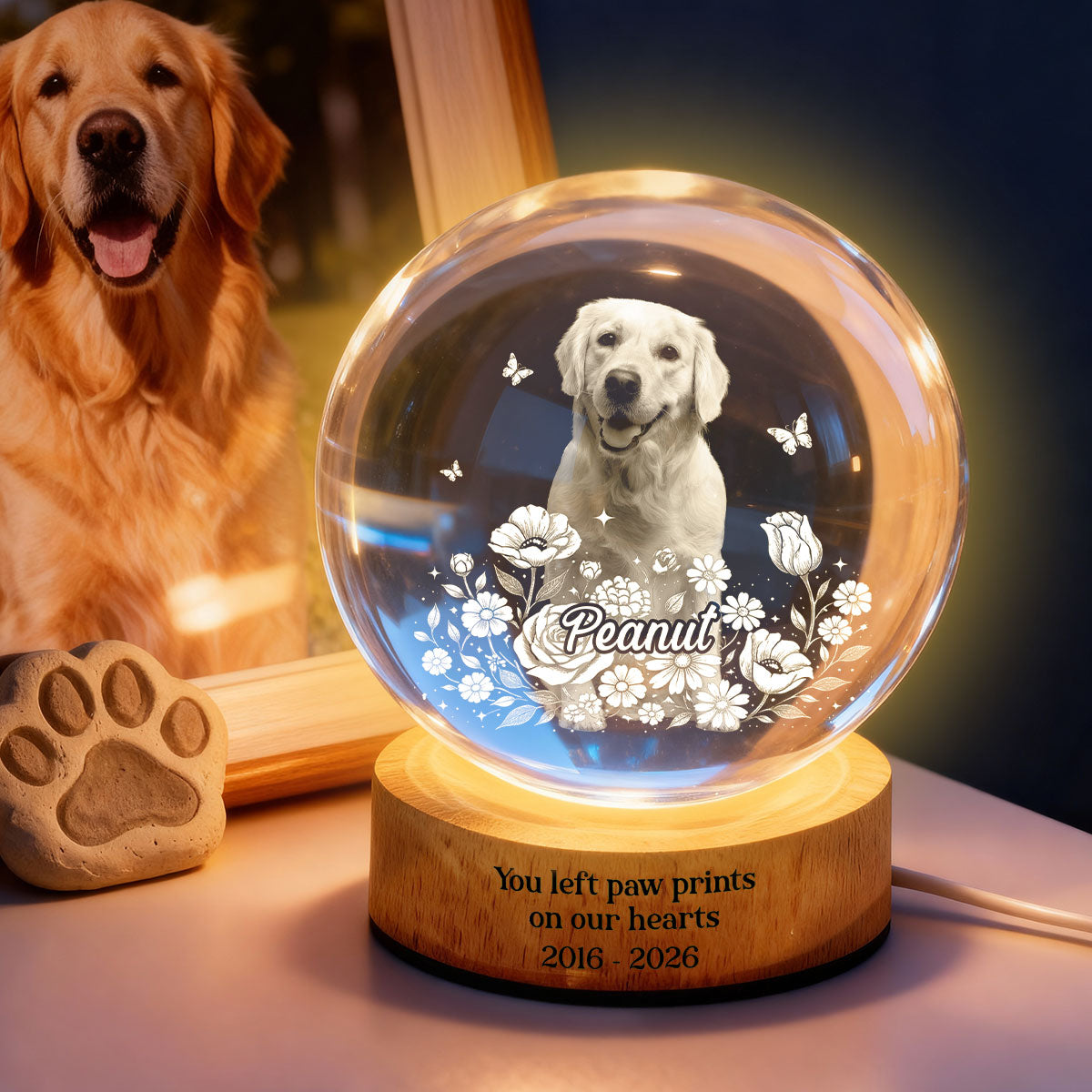 Custom Pet Portrait - Personalized Crystal Ball LED Night Light - Heartfelt Gift for Pet Lovers, Memorial Gift, Pet Remembrance