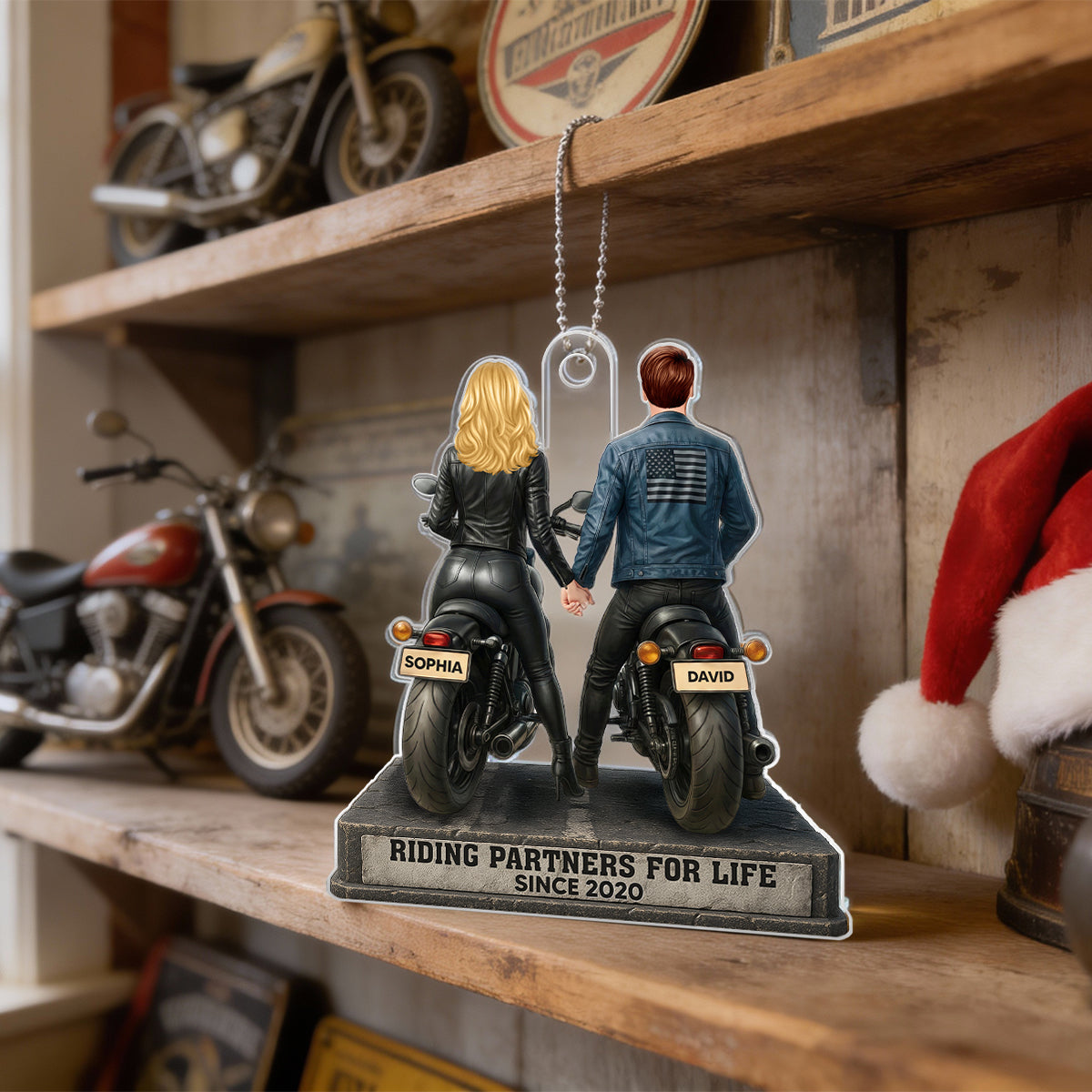 Biker Couple Riding Partners for Life - Personalized Acrylic Car Hanger - Sentimental Gift for her, for him