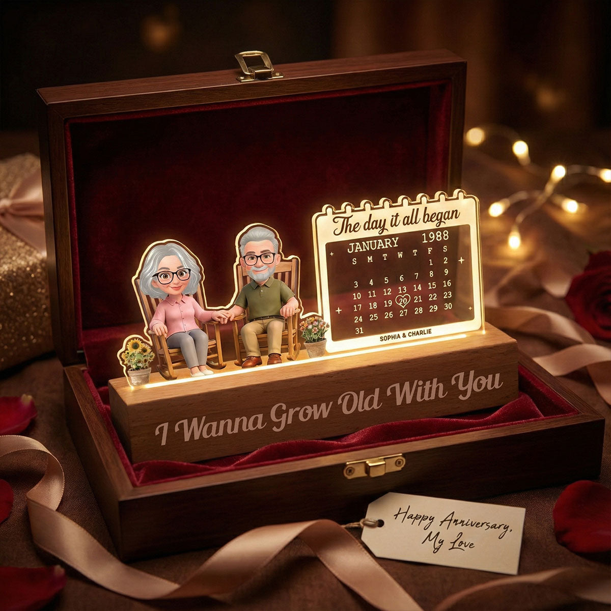 Old Couple Sitting On Rocking Chair Anniversary Date Calendar - Personalized Acrylic Block LED Night Light