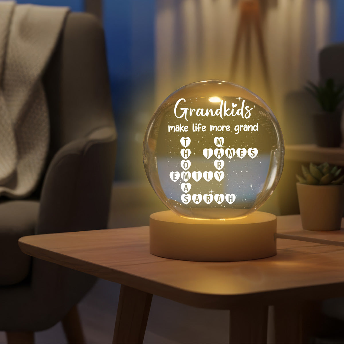Grandkids Make Life Grand Crossword Puzzle Art - Personalized Crystal Ball Night Light