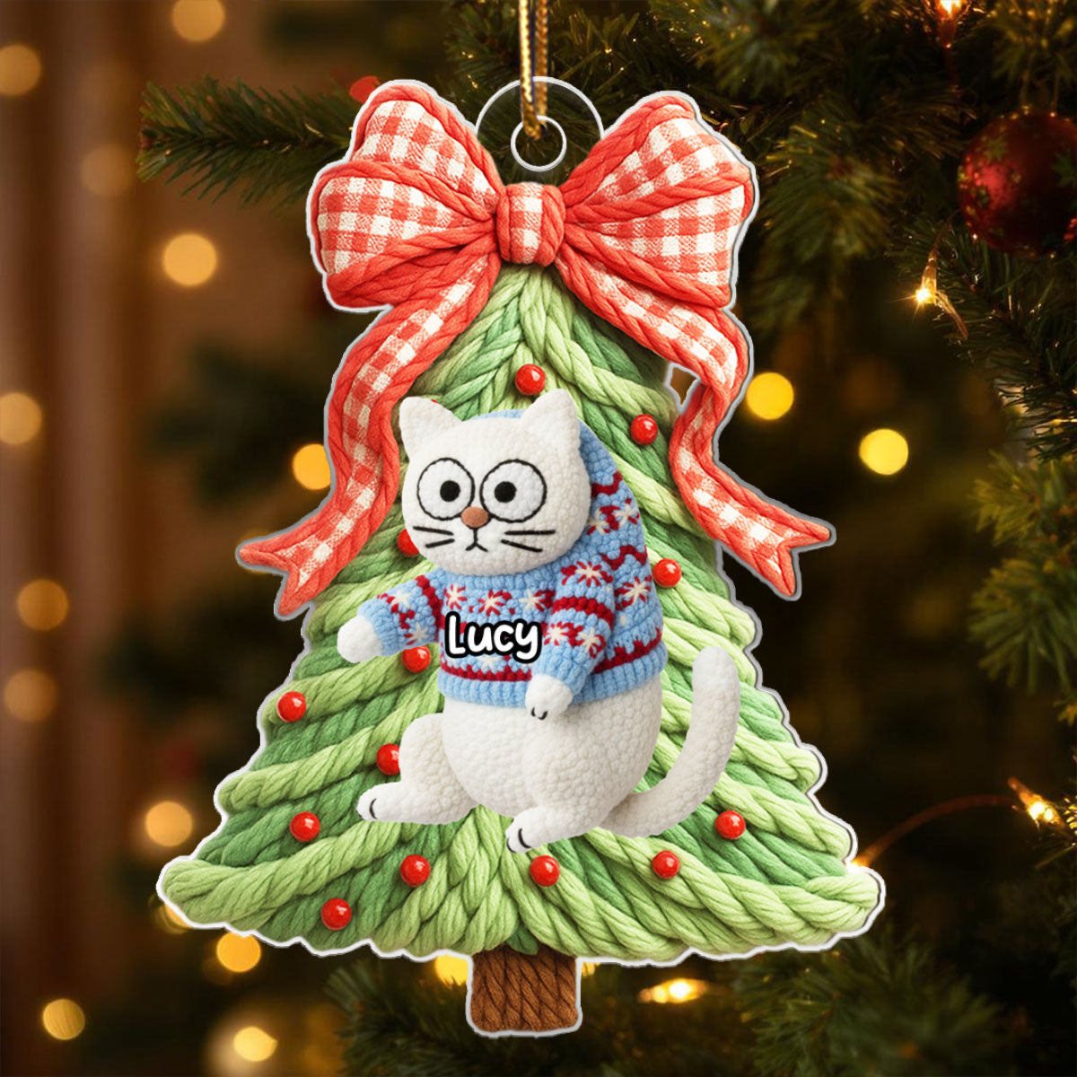Cat Hanging on Christmas Tree Latch Hook Yarn Faux - Personalized Acrylic Ornament - Christmas Gift for Cat Lovers